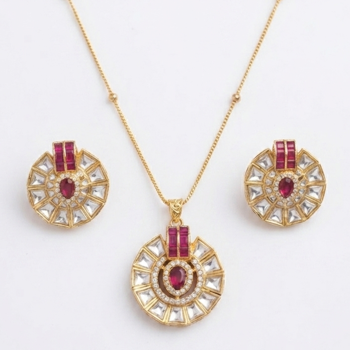 Pink Crystal Halo Pendant Necklace Set for Women Gold Plated Geometric Pendant with Matching Stud Earrings