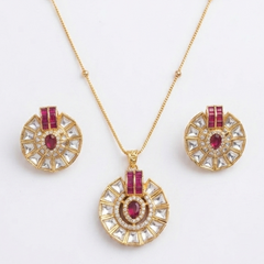 Pink Crystal Halo Pendant Necklace Set for Women Gold Plated Geometric Pendant with Matching Stud Earrings