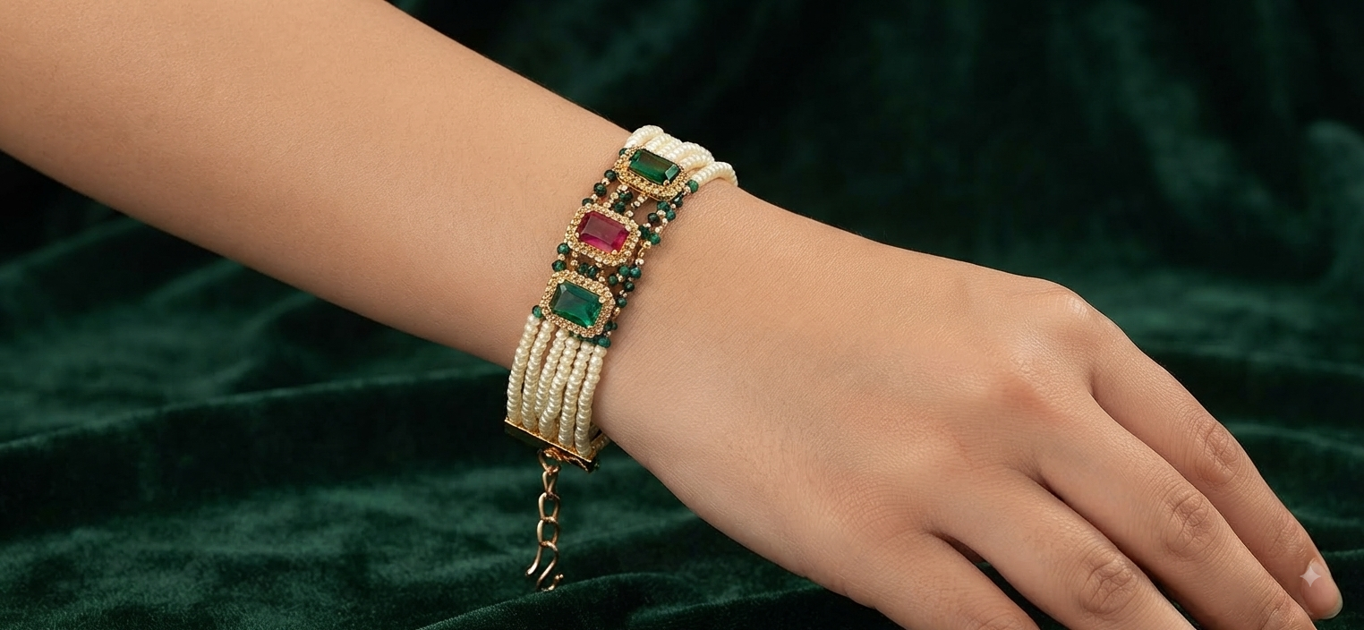 Emerald & Ruby Stone Multi-Strand Pearl Bracelet for Women