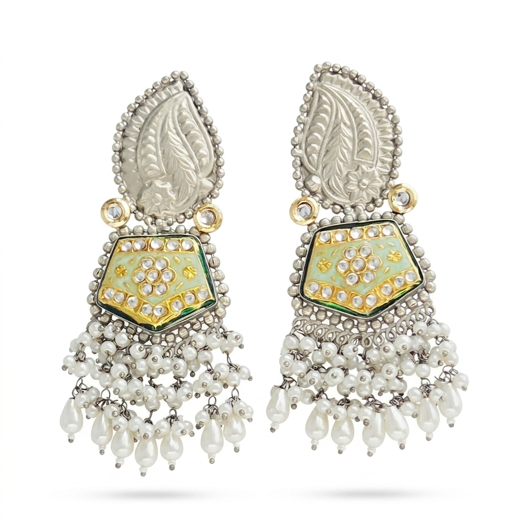 Mint Meenakari Pearl Fringe Earrings