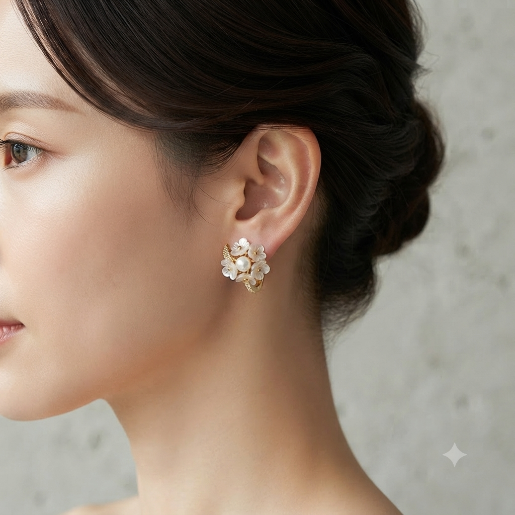 Gold Plated Pearl Floral Ear Cuff Stud Earrings for Women White Flower CZ Open Hoop Earrings