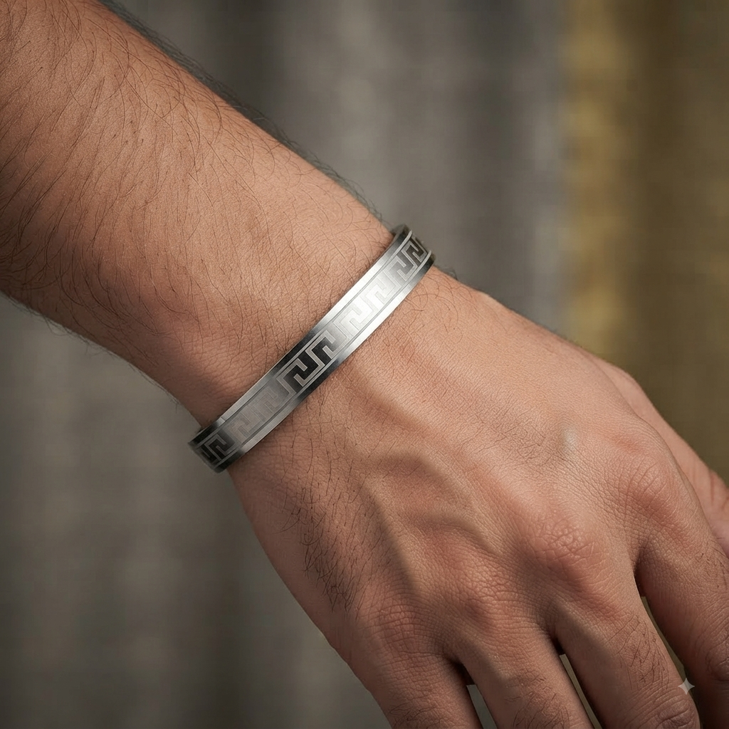Silver Tone Greek Key Stainless Steel Kada