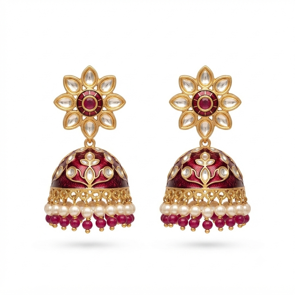 Gold Plated Maroon Meenakari Jhumka Earrings for Women Kundan Floral Pearl Drop Ethnic Earrings