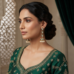 Gold Plated Green Meenakari Kundan Jhumka Earrings for Women Pearl Drop Long Ethnic Dangler Earrings