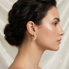 Gold Plated Pearl Floral Cluster Stud Earrings for Women CZ Crystal Elegant Statement Earrings