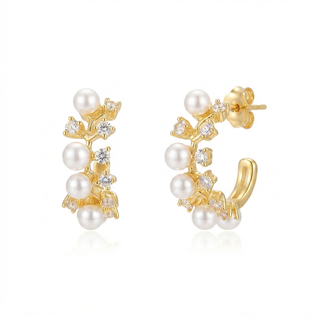 Gold Plated Pearl Floral Cluster Stud Earrings for Women CZ Crystal Elegant Statement Earrings
