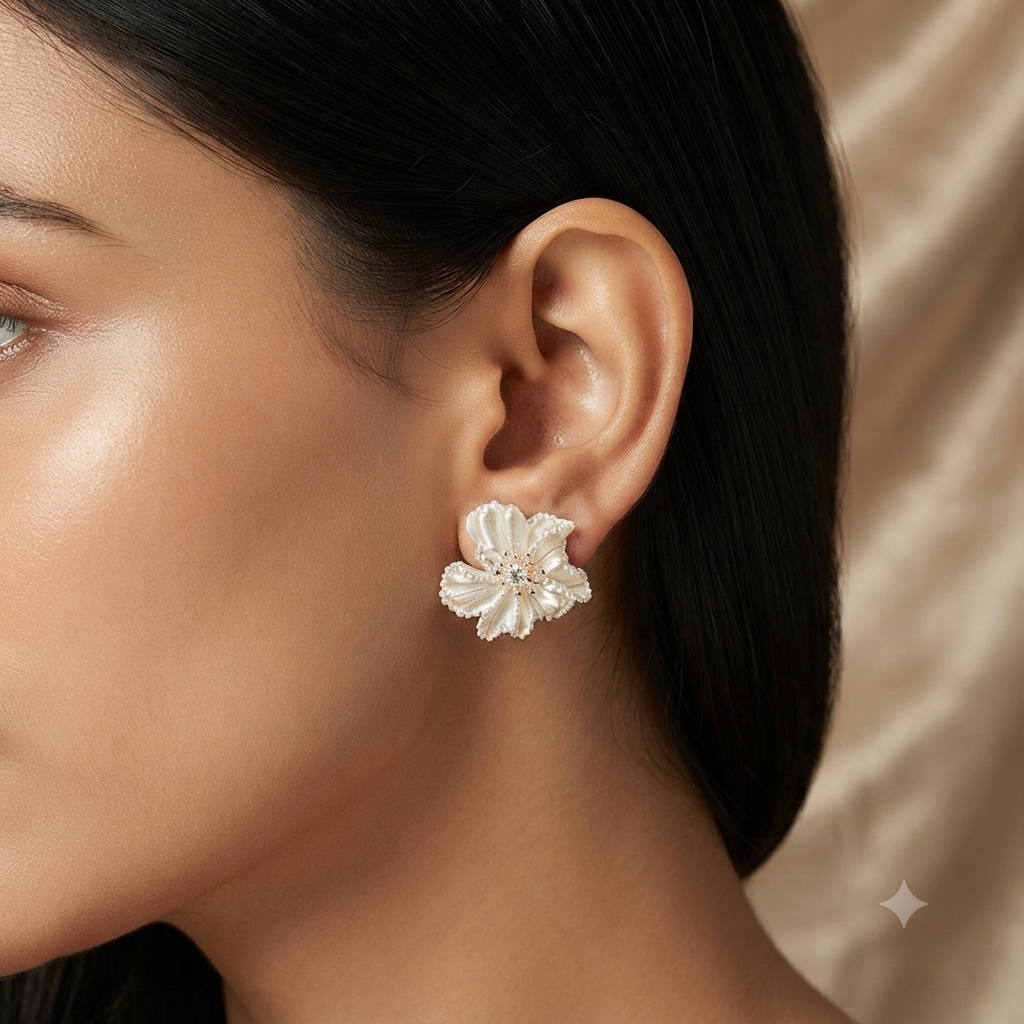 Silver Tone White Pearl Flower Stud Earrings for Women Crystal Floral Statement Earrings