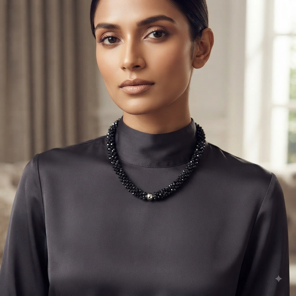 Black Crystal Beaded Necklace Cum Bracelet Set for Women Elegant Designer Jewellery Set for Party Wedding Festive Wear