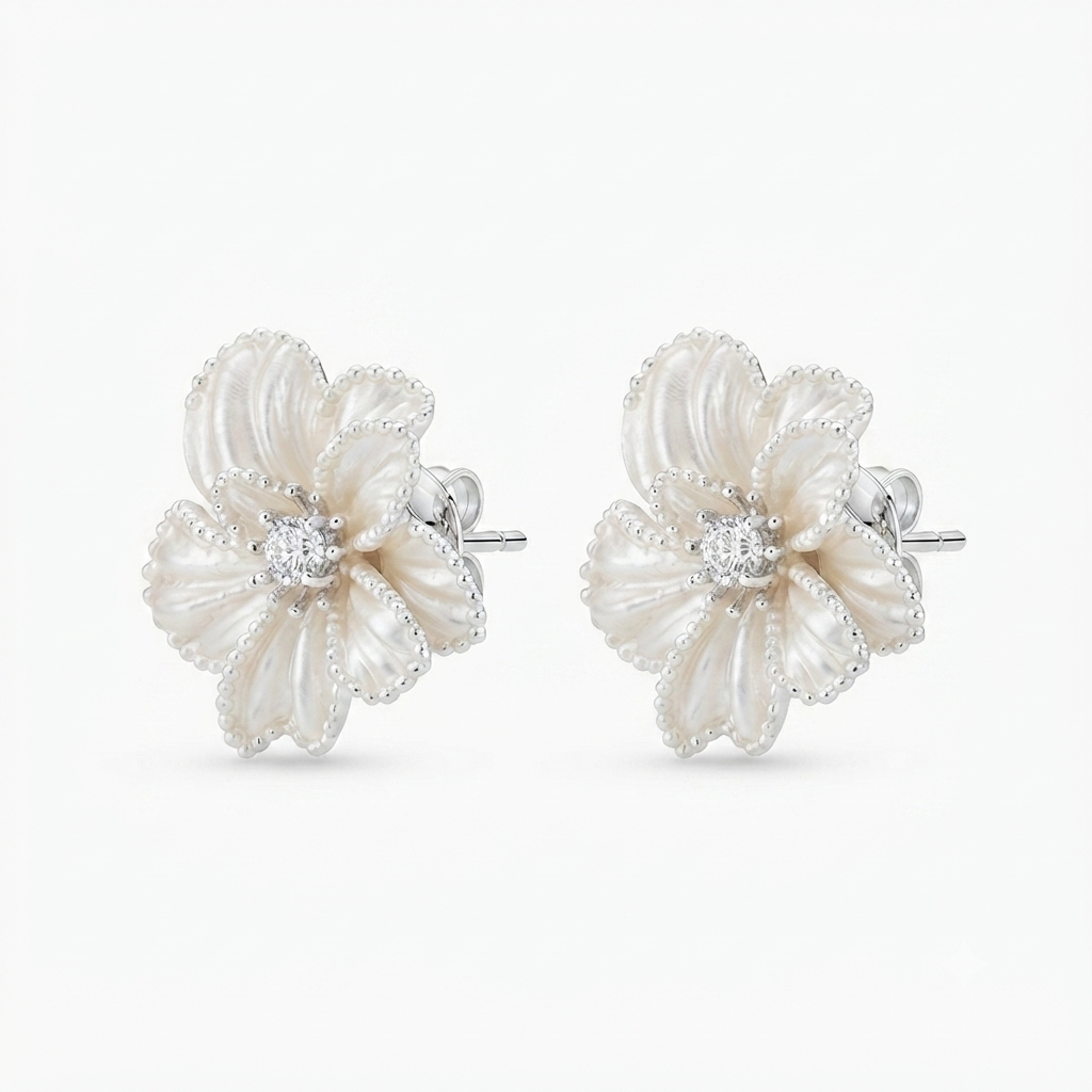 Silver Tone White Pearl Flower Stud Earrings for Women Crystal Floral Statement Earrings