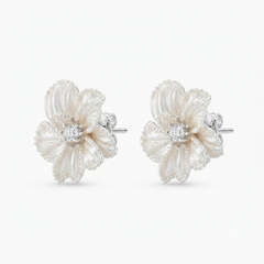 Silver Tone White Pearl Flower Stud Earrings for Women Crystal Floral Statement Earrings