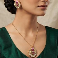 Pink Crystal Halo Pendant Necklace Set for Women Gold Plated Geometric Pendant with Matching Stud Earrings