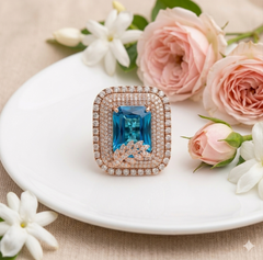 Crystal Glow Square Aqua Blue cubic zirconia Rose gold Plated Ring