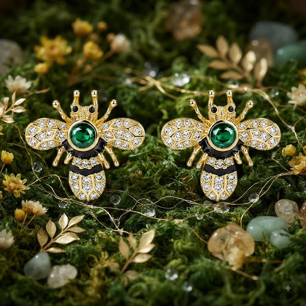 Gold Plated Crystal Bee Stud Earrings for Women & Girls Green Stone Insect Design Earrings