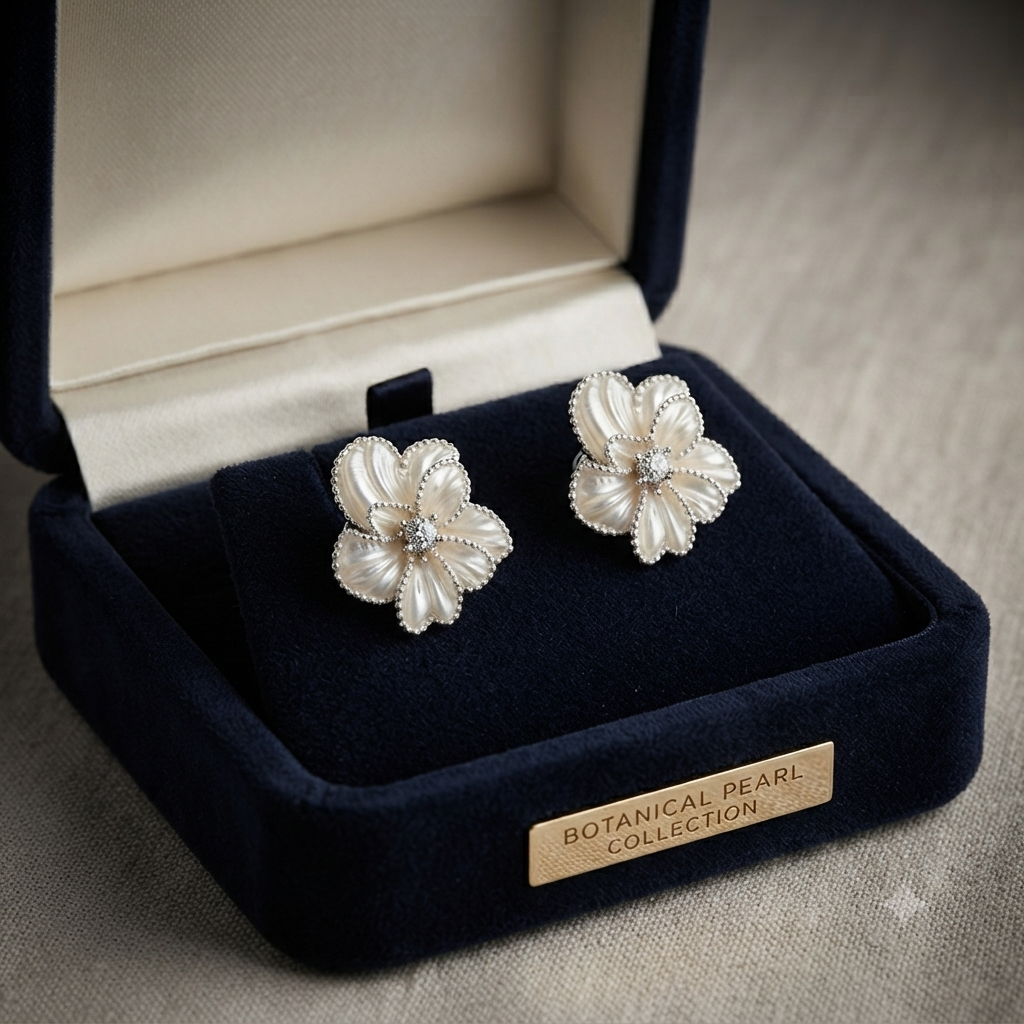 Silver Tone White Pearl Flower Stud Earrings for Women Crystal Floral Statement Earrings