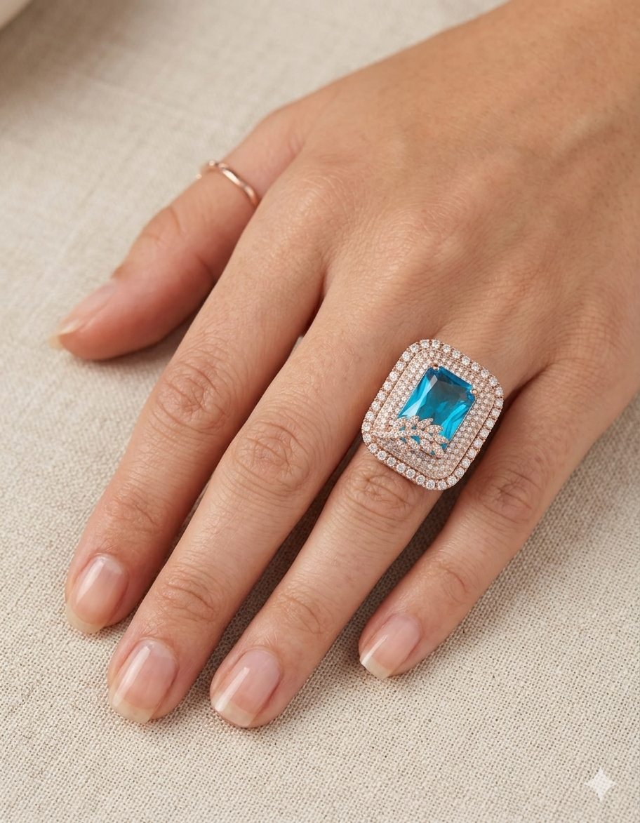 Crystal Glow Square Aqua Blue cubic zirconia Rose gold Plated Ring