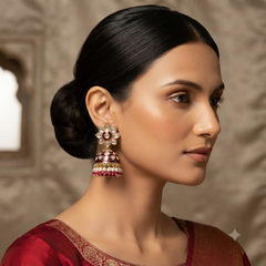Gold Plated Maroon Meenakari Jhumka Earrings for Women Kundan Floral Pearl Drop Ethnic Earrings