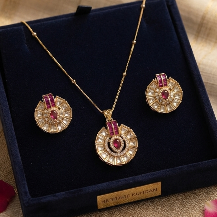Pink Crystal Halo Pendant Necklace Set for Women Gold Plated Geometric Pendant with Matching Stud Earrings