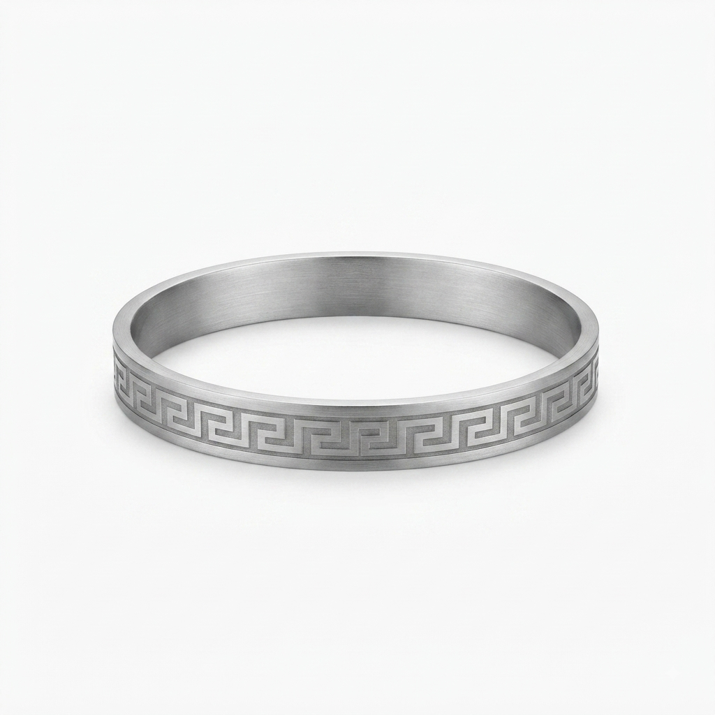 Silver Tone Greek Key Stainless Steel Kada