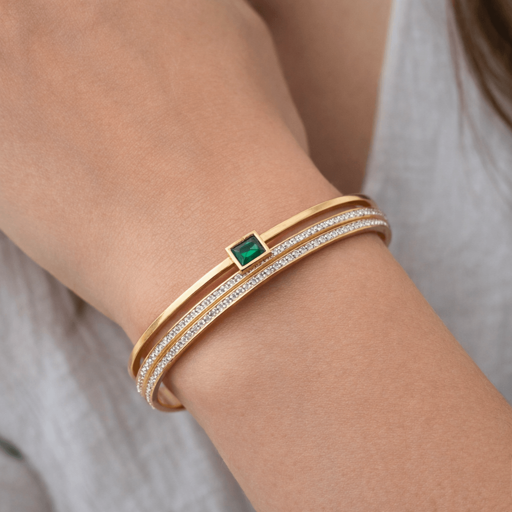Elegant Emerald Accent Gold Plated Openable Bangle