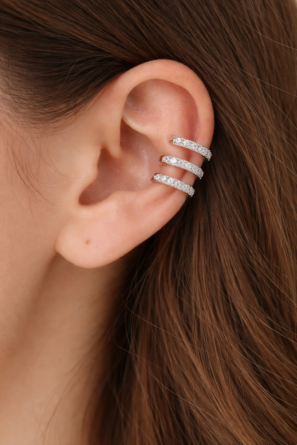 Triple Layer Crystal Silver Ear Cuff
