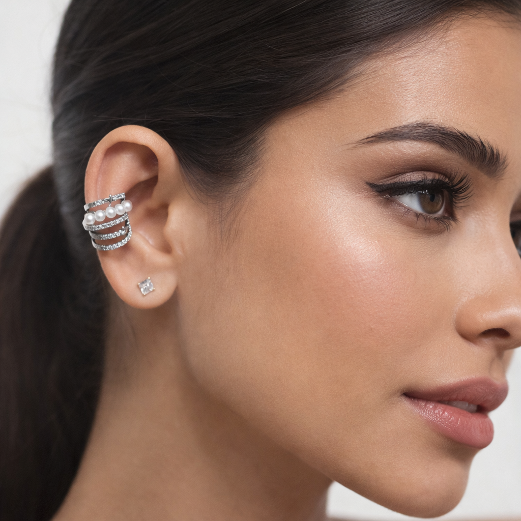 Elegant Pearl Crystal Wrap Silver Cuff