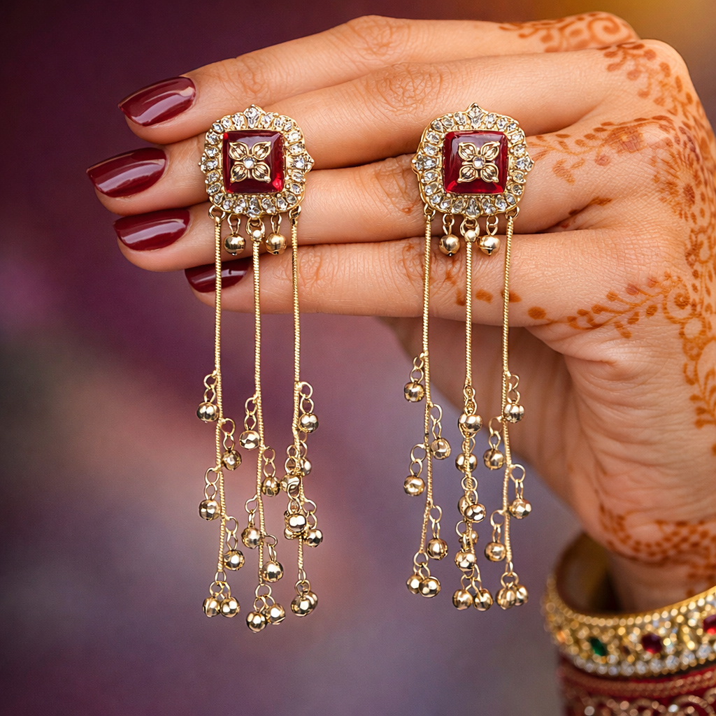 Zarika Red Royal Dangler Kashmiri Earring - Image 2