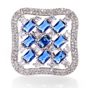 Rhodium plated with American diamond square shape  adjustable Finger Ring