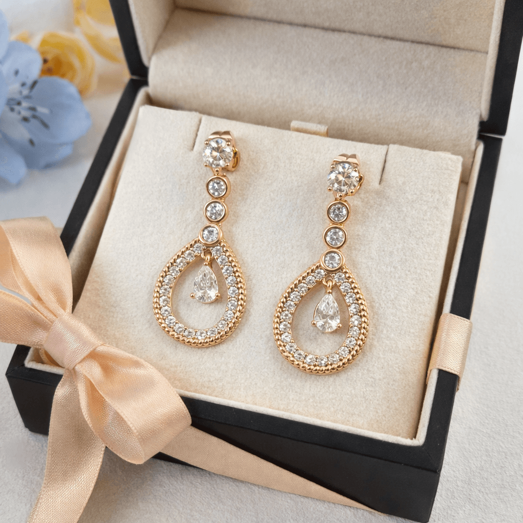 Elegant Rose Gold PLated CZ Teardrop Earrings - Image 2