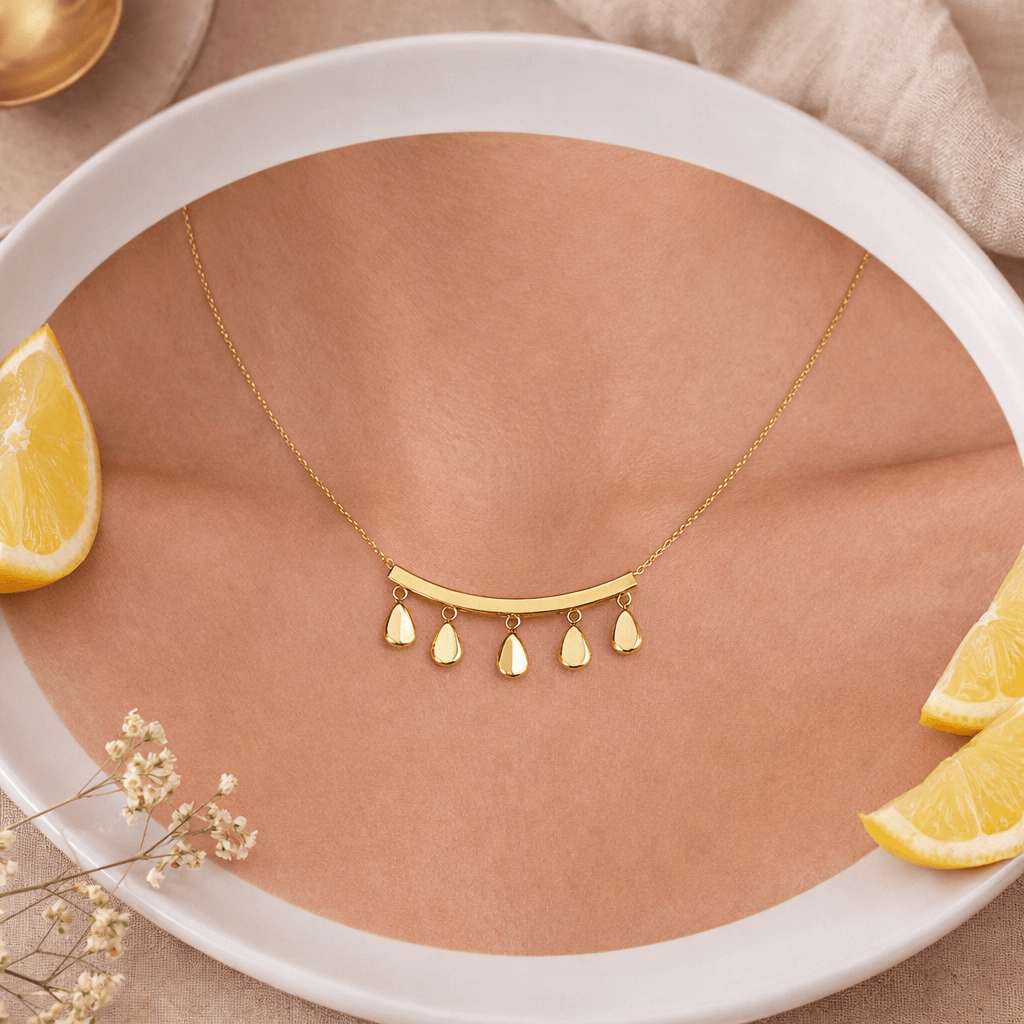 Gold-Plated Minimal Bar Pendant Necklace with Dangling Charms - Image 2