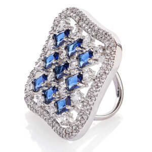 Rhodium plated with American diamond square shape  adjustable Finger Ring