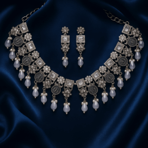 Oxidized Silver black AD necklace set