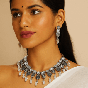 Oxidized Silver black AD necklace set