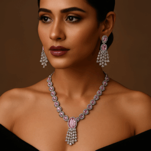 Contemporary American Diamond Pink Necklace set