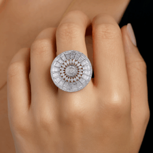 Rhodium plated with CZ Round shape adjustable Finger Ring