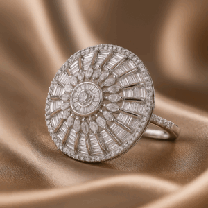 Rhodium plated with CZ Round shape adjustable Finger Ring