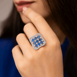 Rhodium plated with American diamond square shape  adjustable Finger Ring