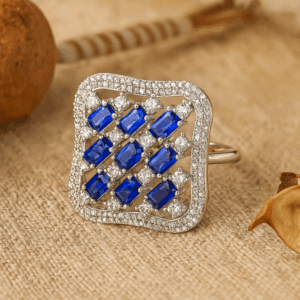 Rhodium plated with American diamond square shape  adjustable Finger Ring