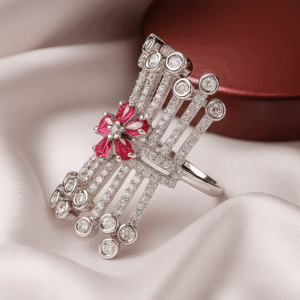 Rhodium plated with  American diamond rectangular adjustable Finger Ring