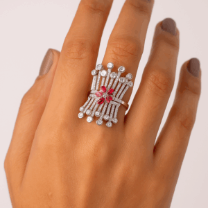 Rhodium plated with  American diamond rectangular adjustable Finger Ring