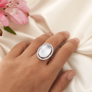 Rhodium plated CZ  oval adjustable Finger Ring