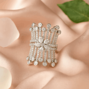 Rhodium plated with  American diamond rectangular adjustable Finger Ring