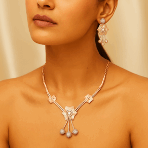Floral Cubic zirconia Rose gold Necklace Set