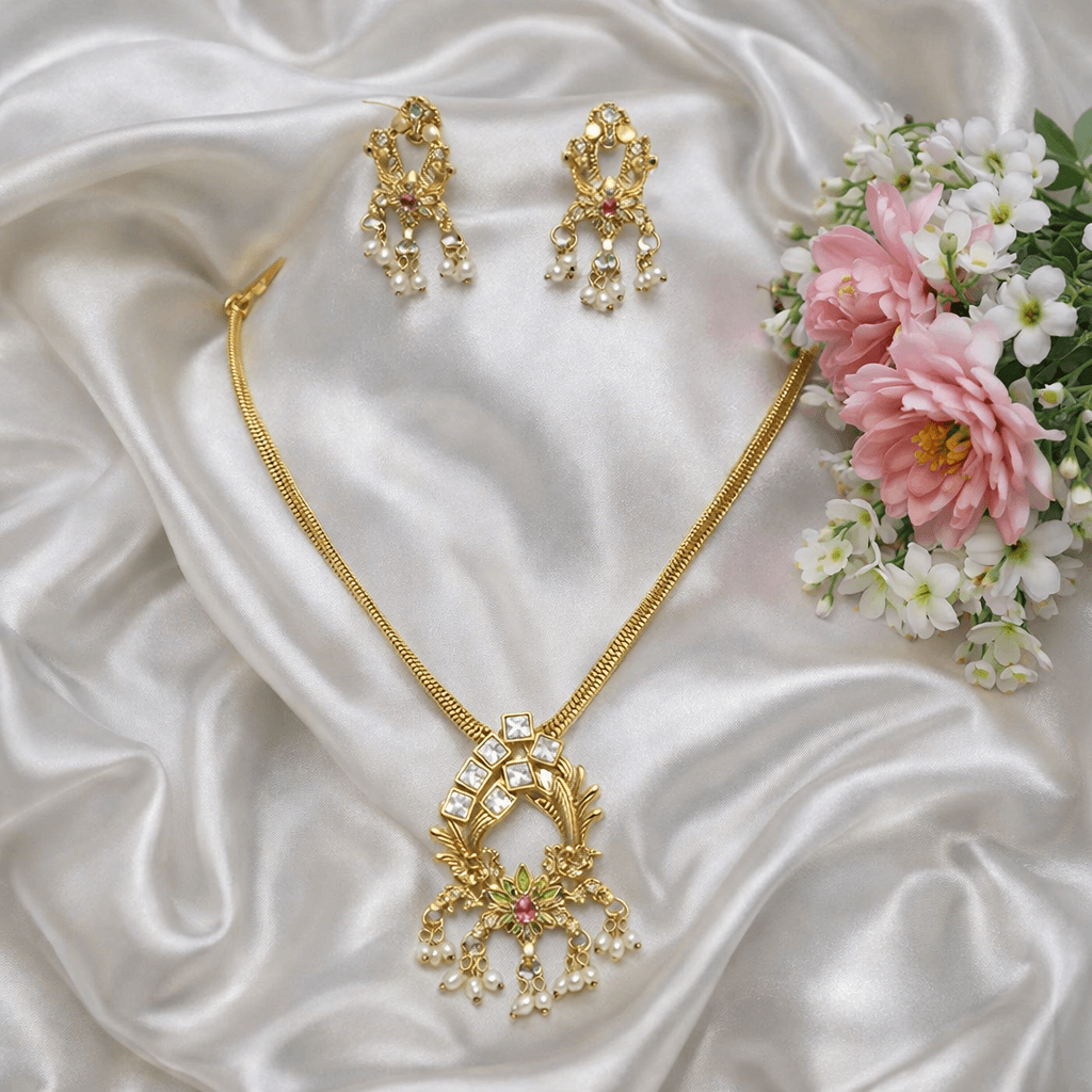 Gold Plated Traditional Kundan Pendant Necklace Set with Pearl Drop Detailing and Matching Earrings - Image 4