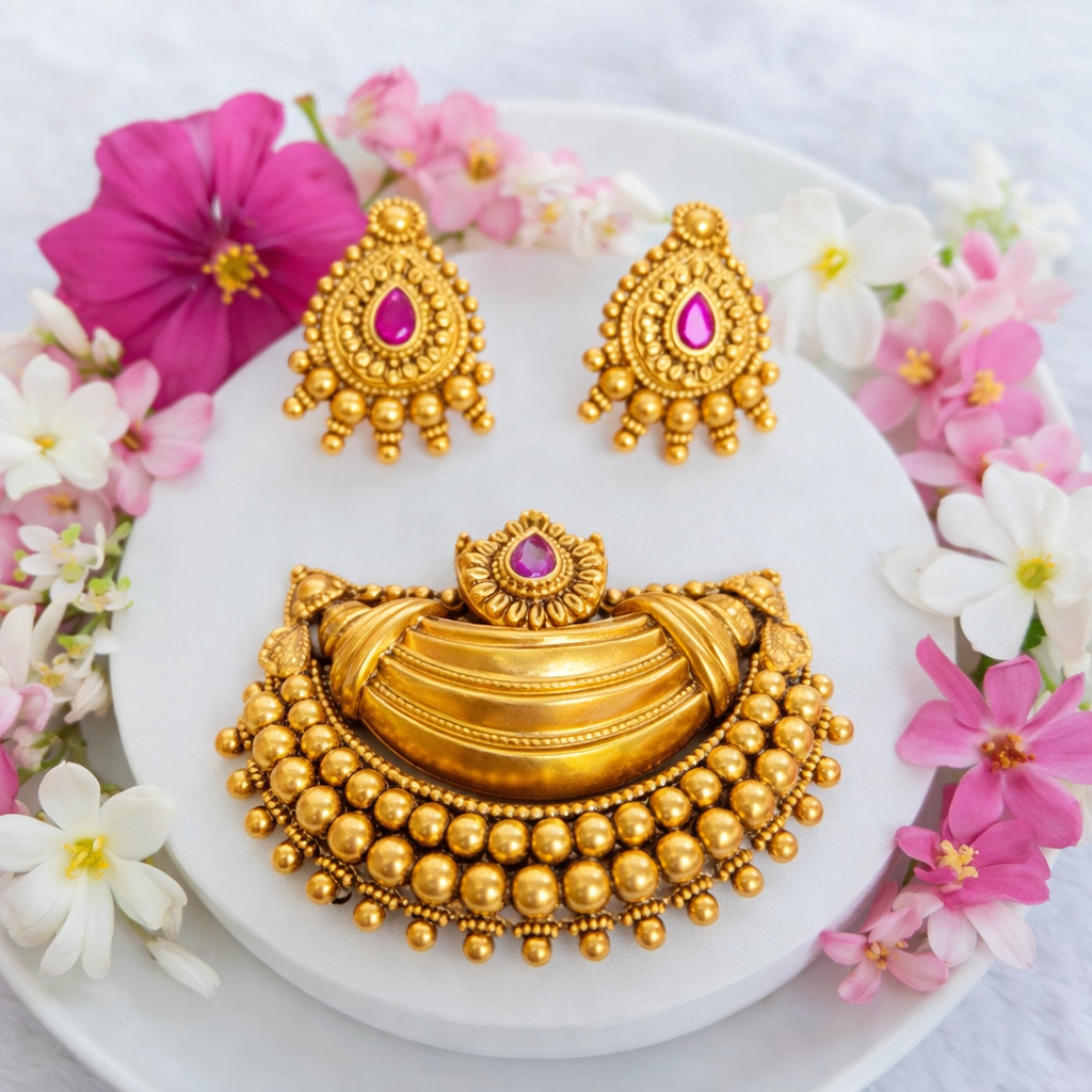 Heritage Gold Plated Kundan Pendent and Stud Earrings - Image 2