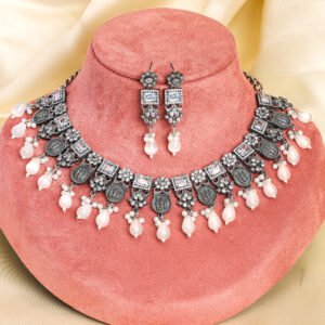 Oxidized Silver black AD necklace set