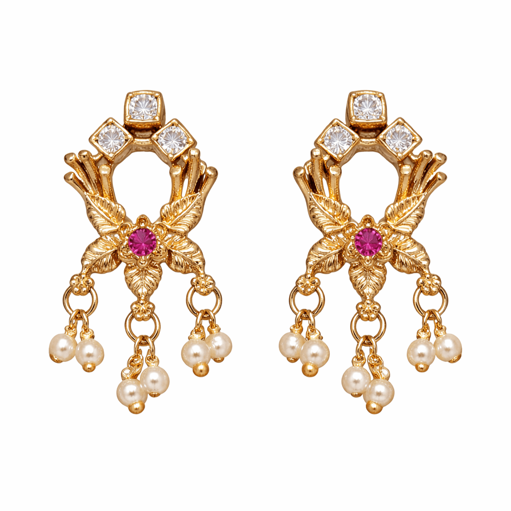 Gold Plated Traditional Kundan Pendant Necklace Set with Pearl Drop Detailing and Matching Earrings - Image 3