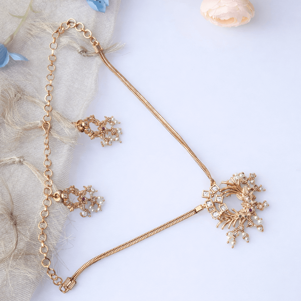 Gold Plated Traditional Kundan Pendant Necklace Set with Pearl Drop Detailing and Matching Earrings - Image 5