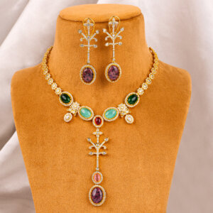 Royal Monalisa Stone withe American diamond gold plated necklace set