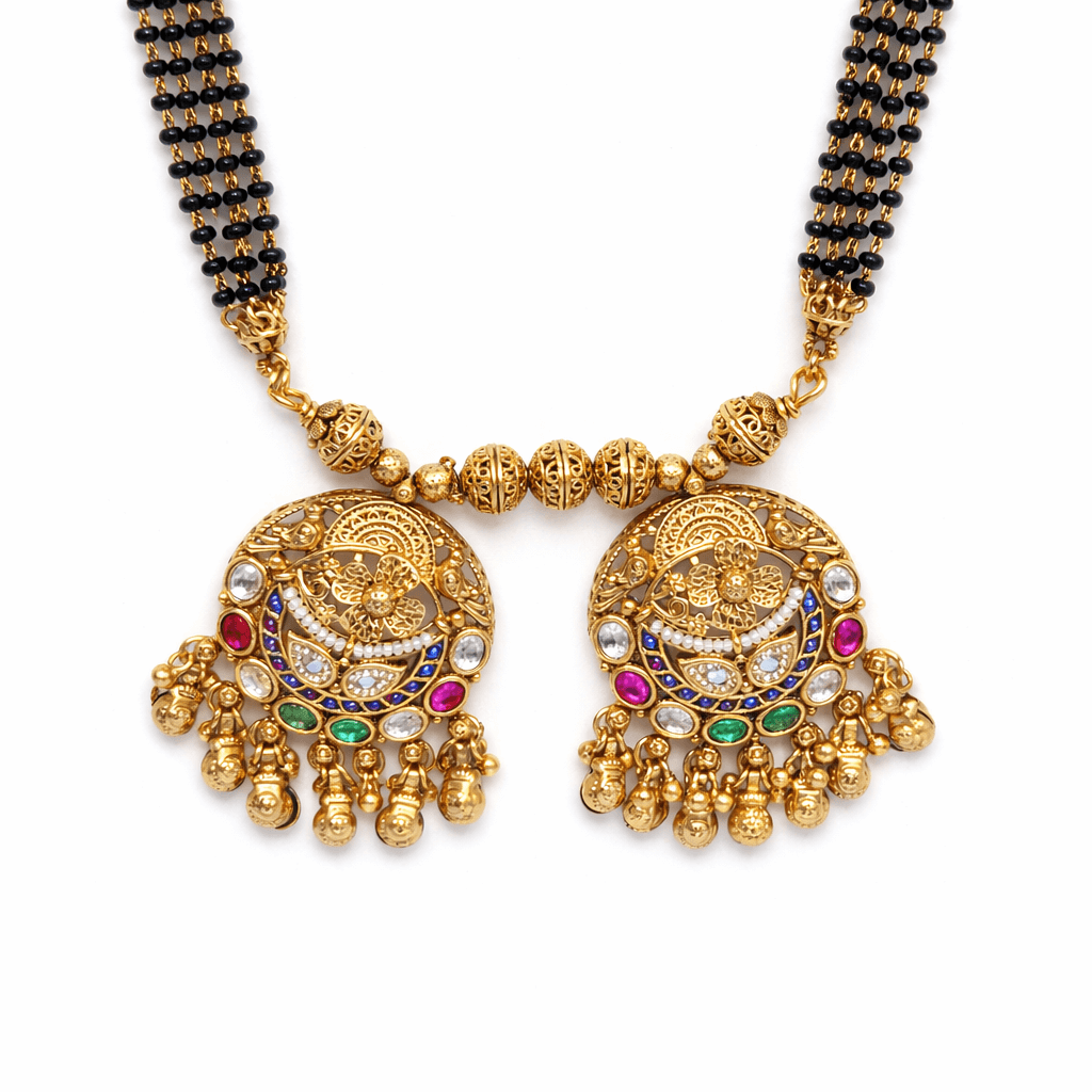 Royal Temple Heritage Long Mangalsutra Handcrafted Gold Plated Black Beads - Image 4