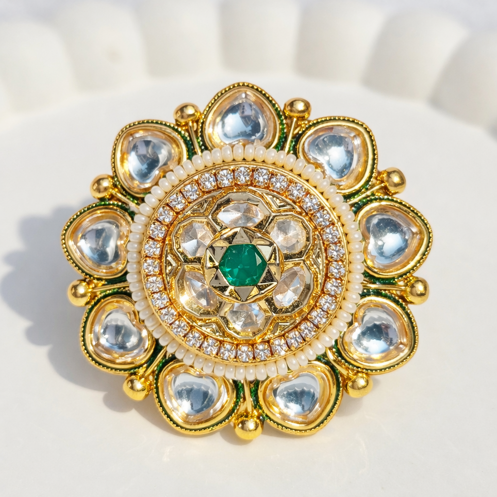 Emerald Bloom Kundan Statement Adjustable Ring
